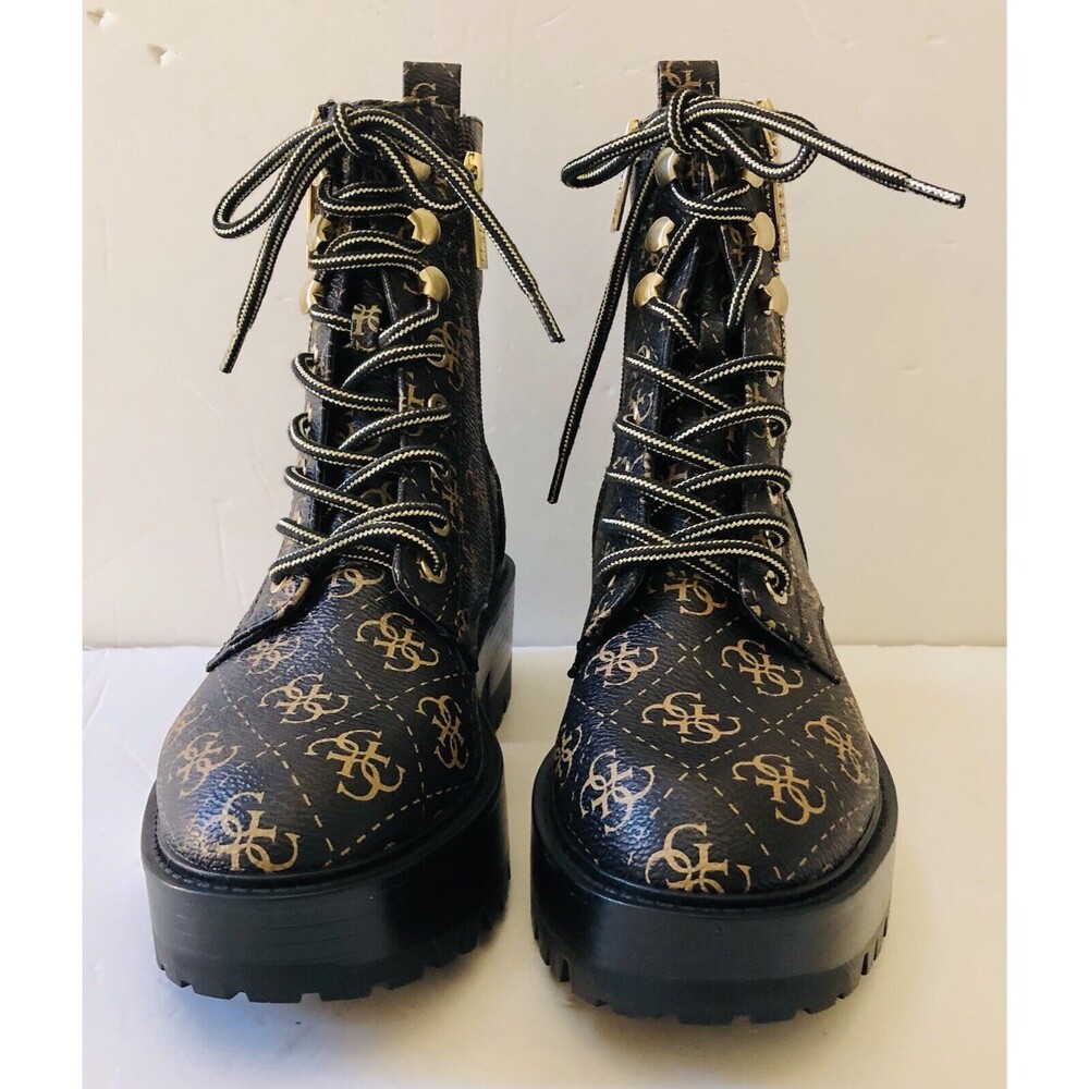Guess Boots Womens 6M Black Gold Platform Ferina Faux Leather Combat Lace Up Zip